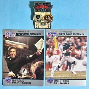 Raiders Super Bowl XVIII Comm Pin & Tom Flores (coach)  Marcus Allen( MVP) Cards